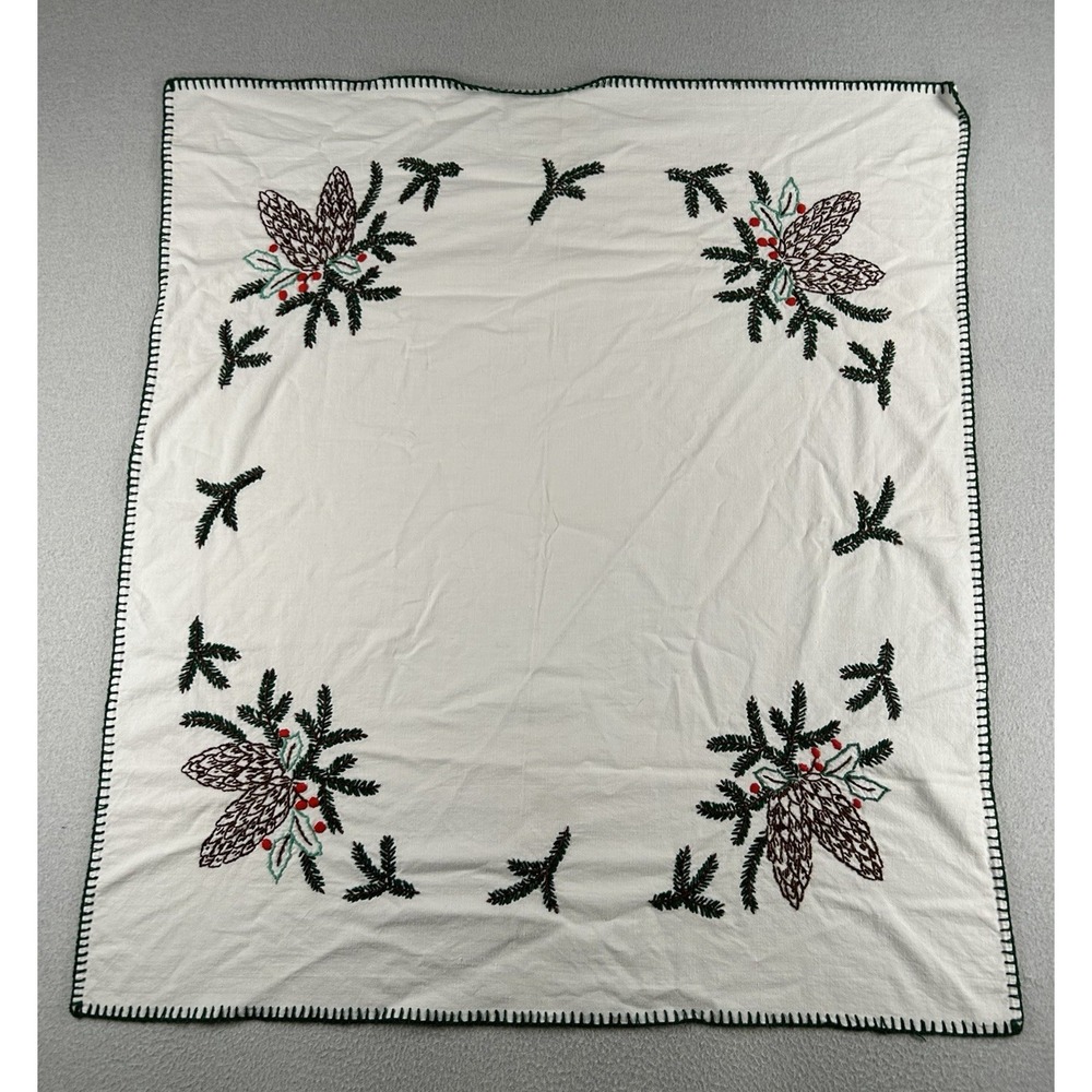 Vintage Embroidered Christmas Table Scarf 30"x27" Pinecones Tree Branch